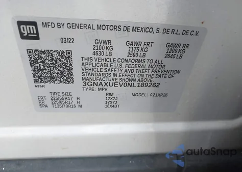 2022 Chevrolet Equinox Lt z USA, uszkodzony, nr VIN 3GNAXUEV0NL189262